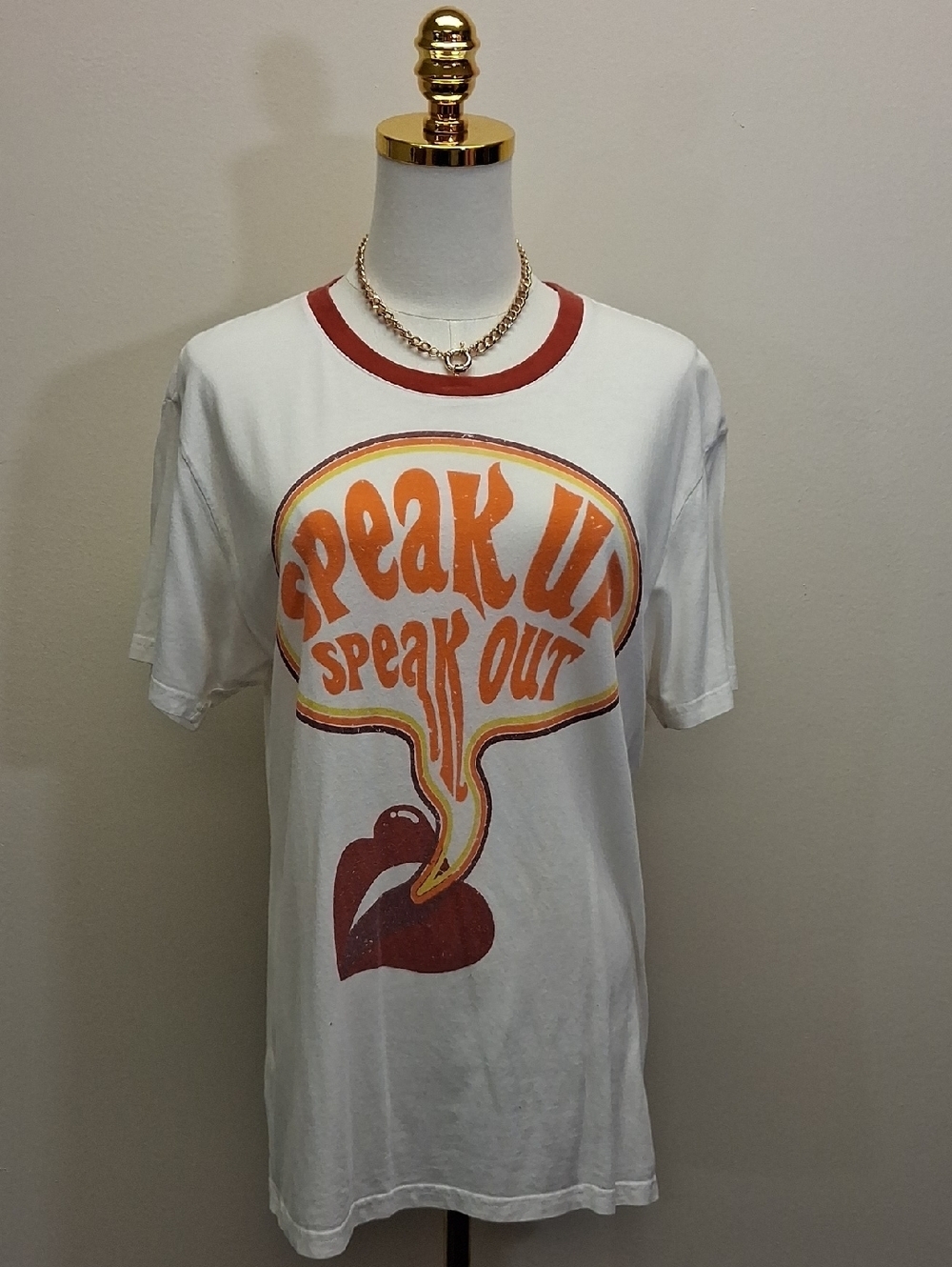 Attic Salt Speak Up Speak Out Ringer Graphic Tee White Red Medium